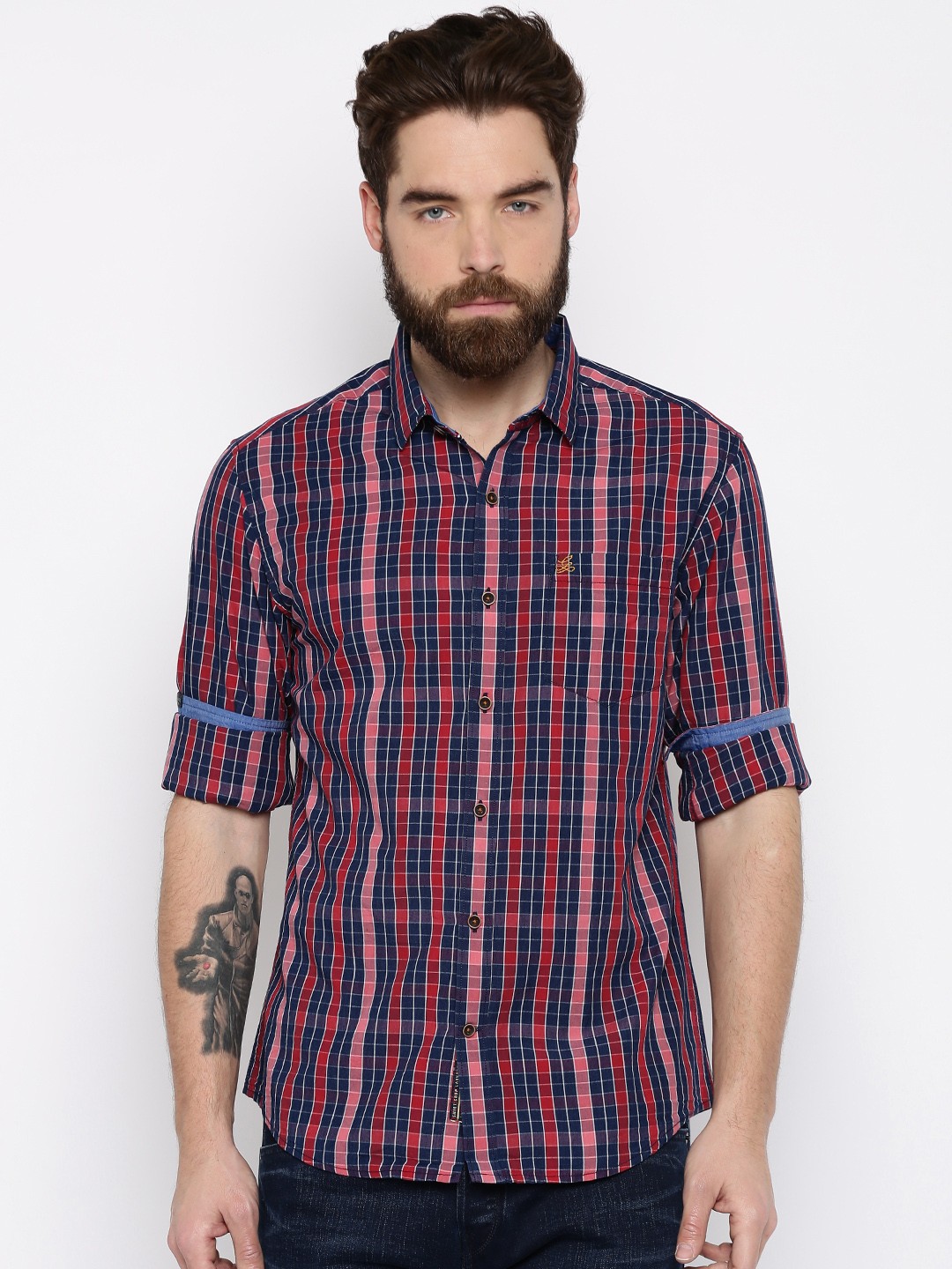 

The Indian Garage Co Men Navy & Pink Slim Fit Checked Casual Shirt, Navy blue
