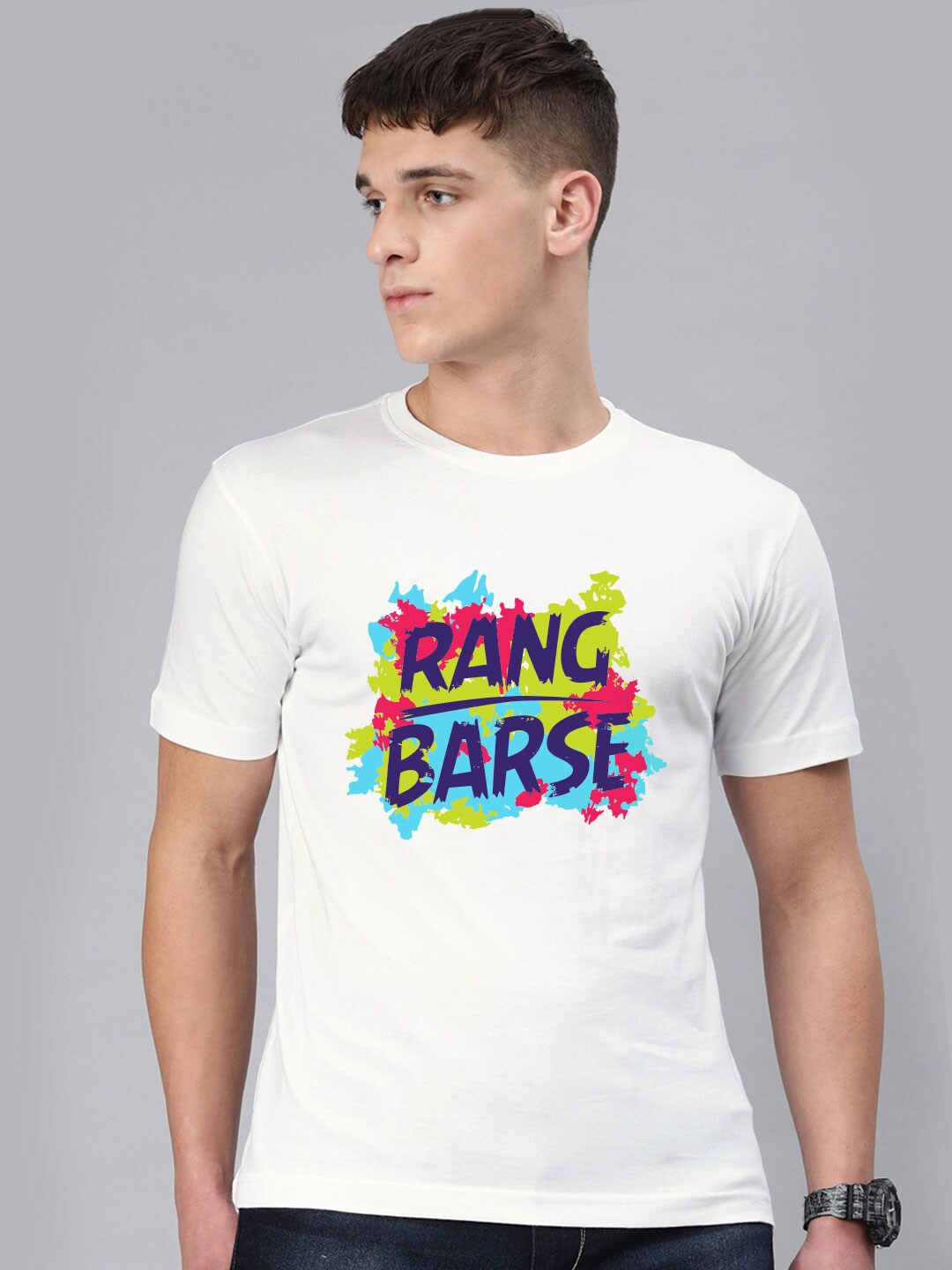 

BE AWARA Men White Be Awara Rang Barse Typography Printed Cotton T-shirt