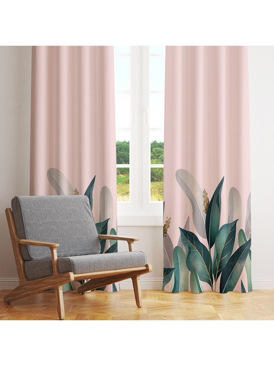 

STYBUZZ Pink & Green Set of 2 Floral Room Darkening Door Curtains