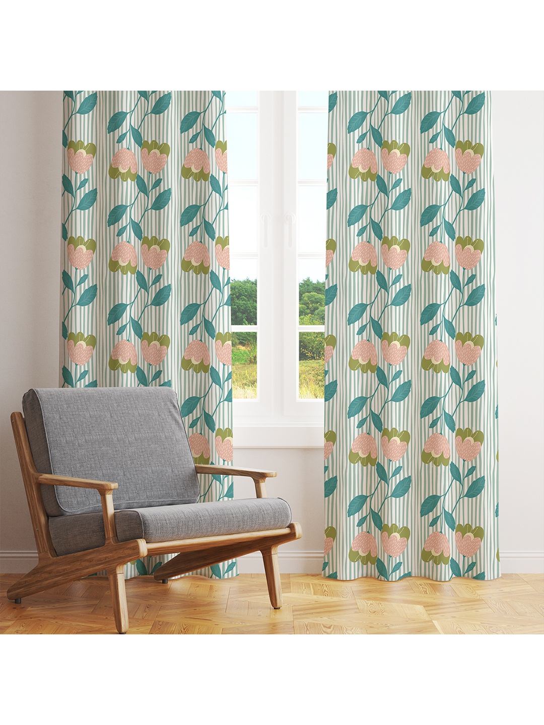 

STYBUZZ Blue & Pink Set of 2 Floral Room Darkening Door Curtain