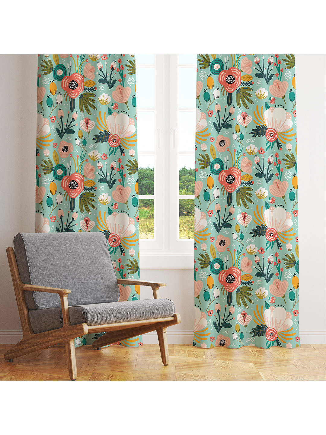 

STYBUZZ Blue & Green Set of 2 Floral Room Darkening Door Curtain