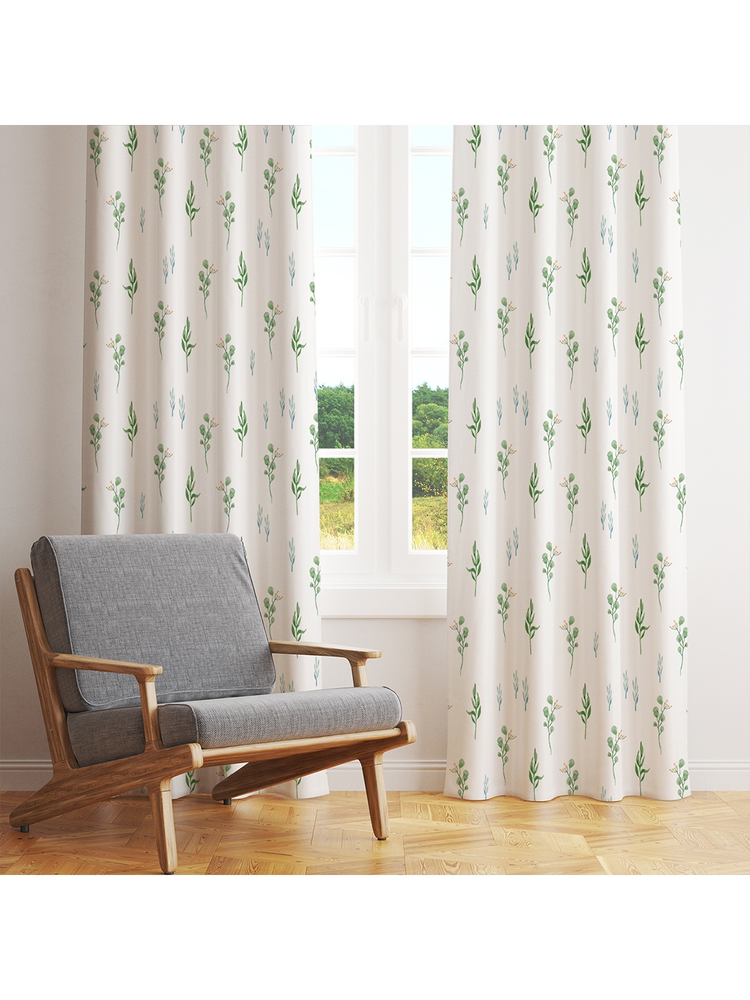 

STYBUZZ White & Green Set of 2 Floral Room Darkening Door Curtain