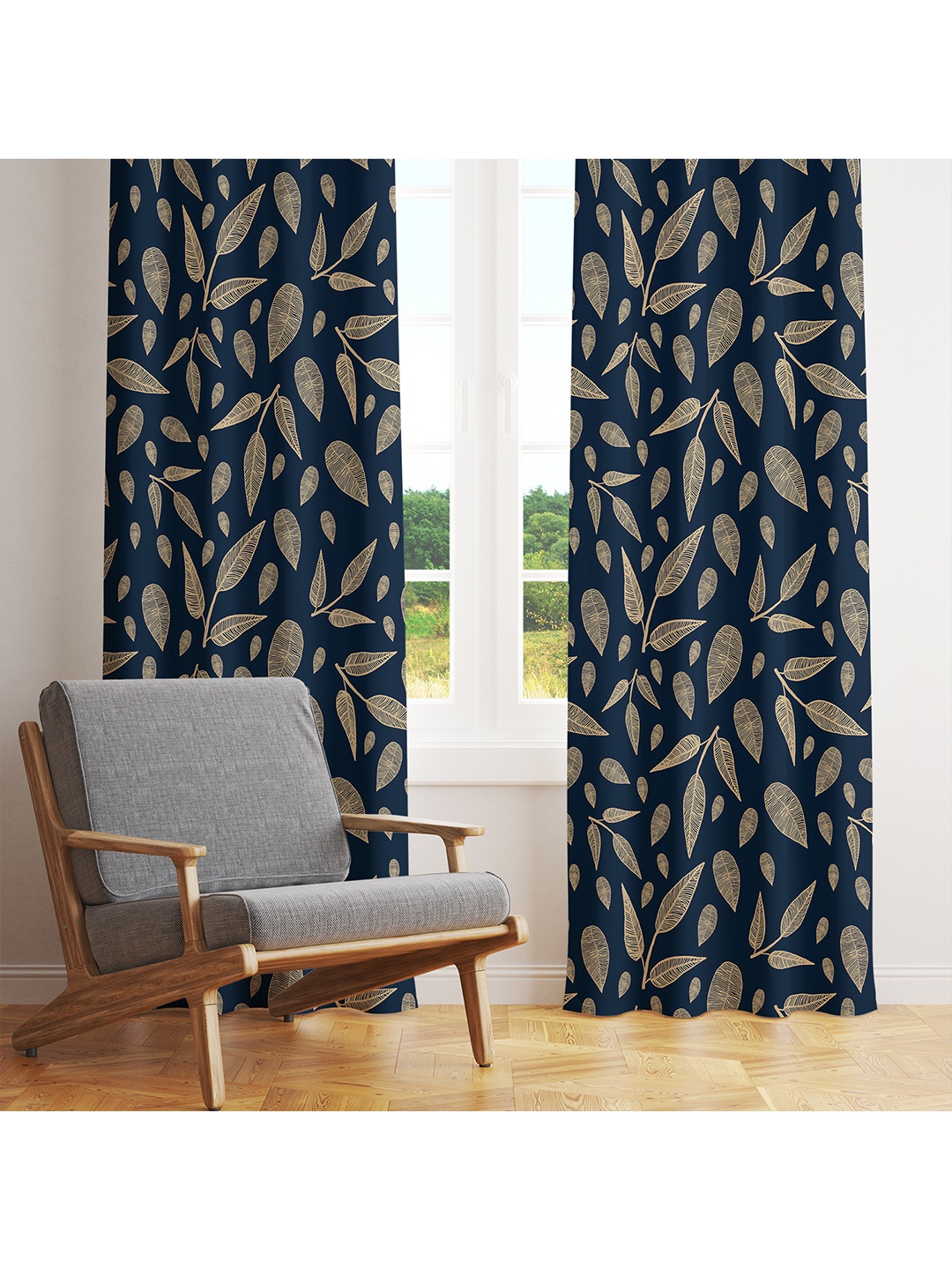 

STYBUZZ Blue & Off-White Set of 2 Floral Room Darkening Door Curtain