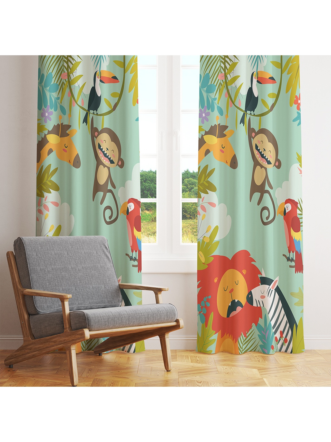 

STYBUZZ Green & Orange Set of 2 Printed Room Darkening Door Curtain