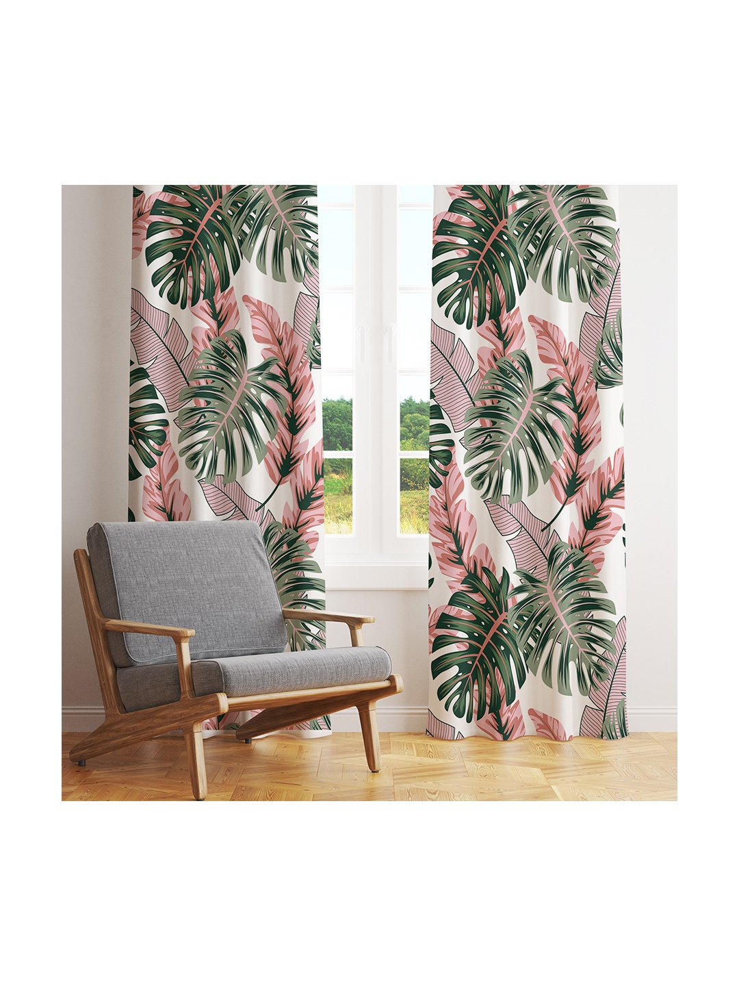 

STYBUZZ White & Green Set of 2 Floral Room Darkening Door Curtain