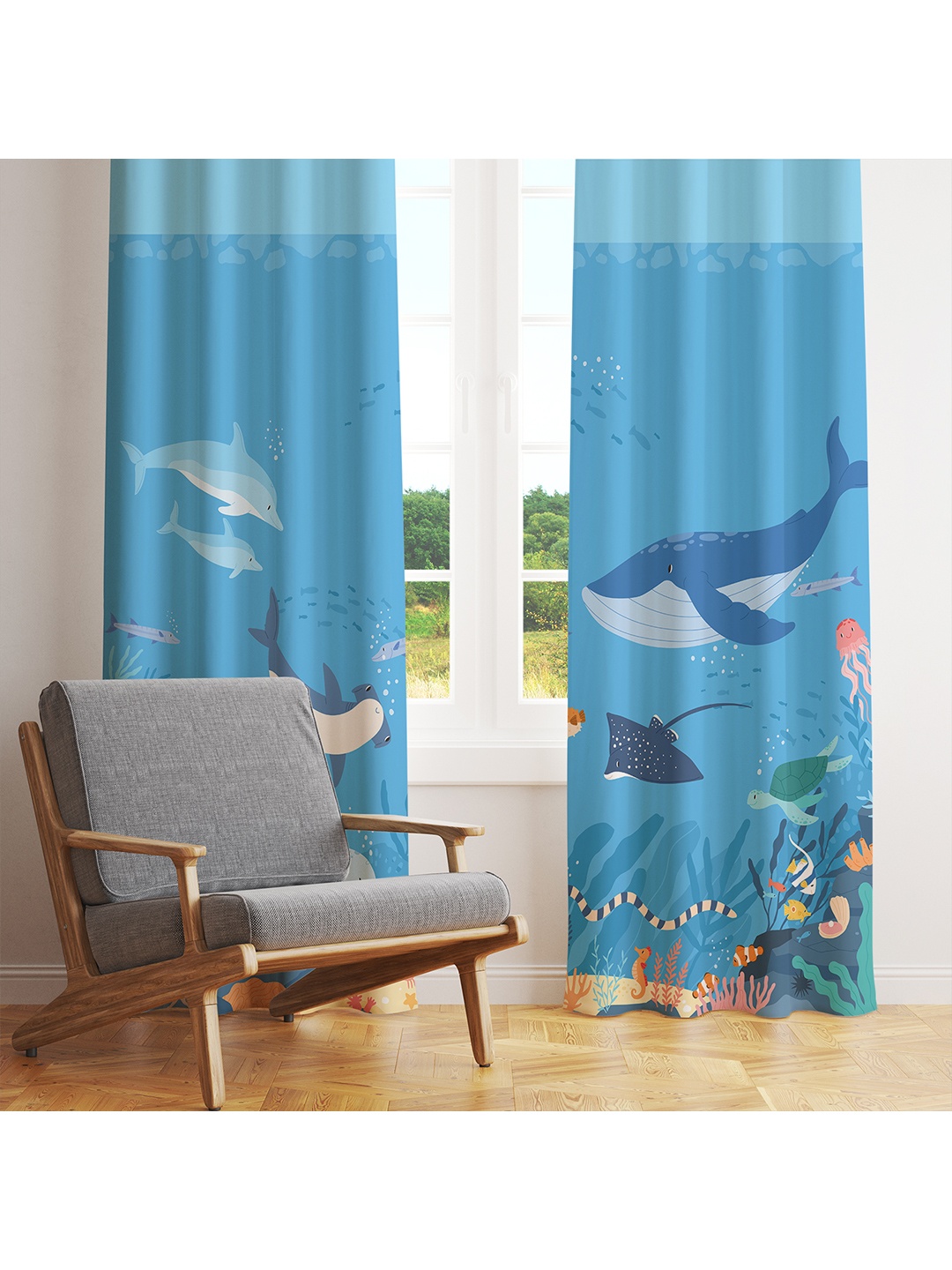 

STYBUZZ Blue & White Set of 2 Printed Room Darkening Door Curtain