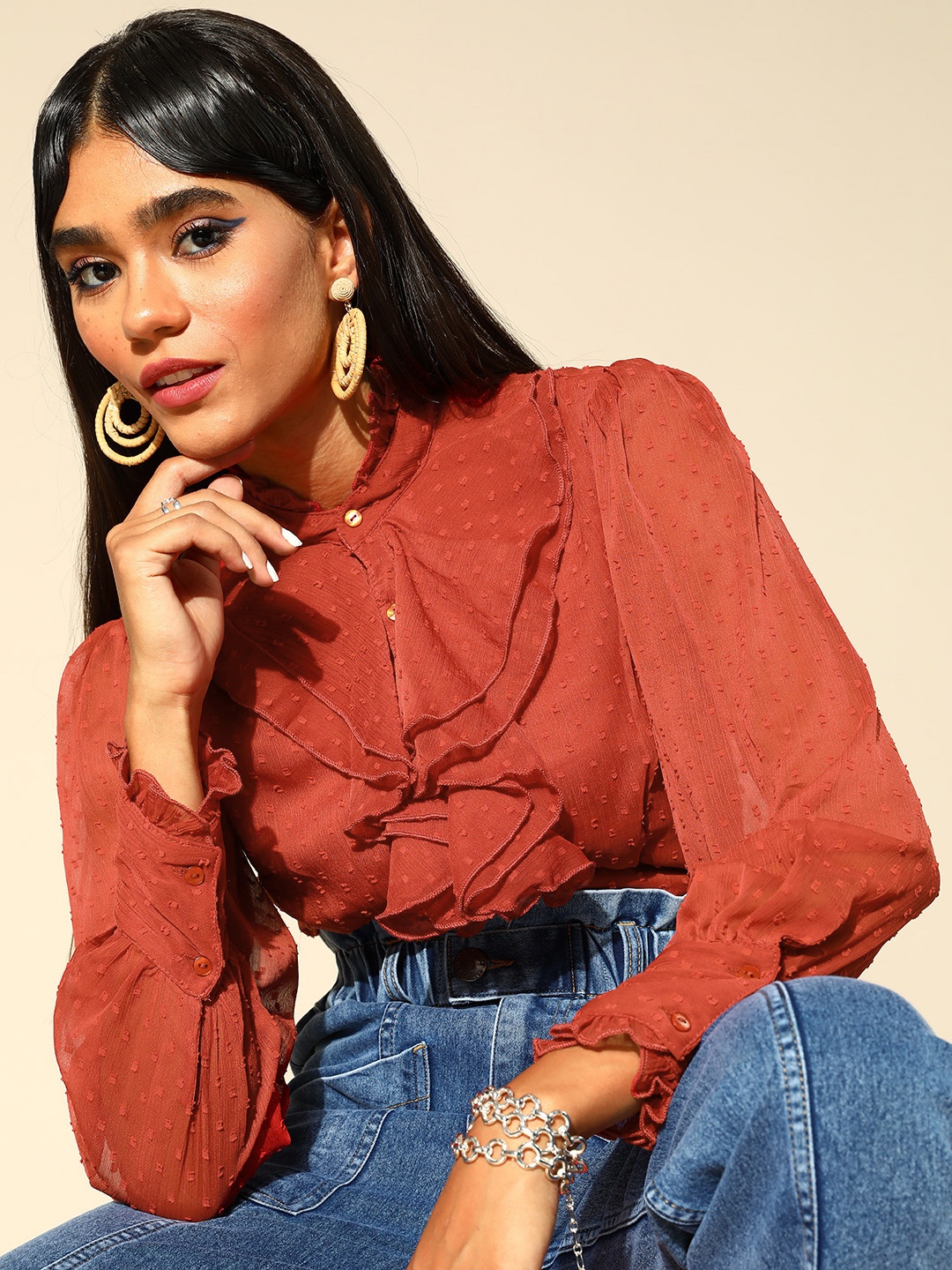 

plusS Women Elegant Rust Self-Design Volume Play Top