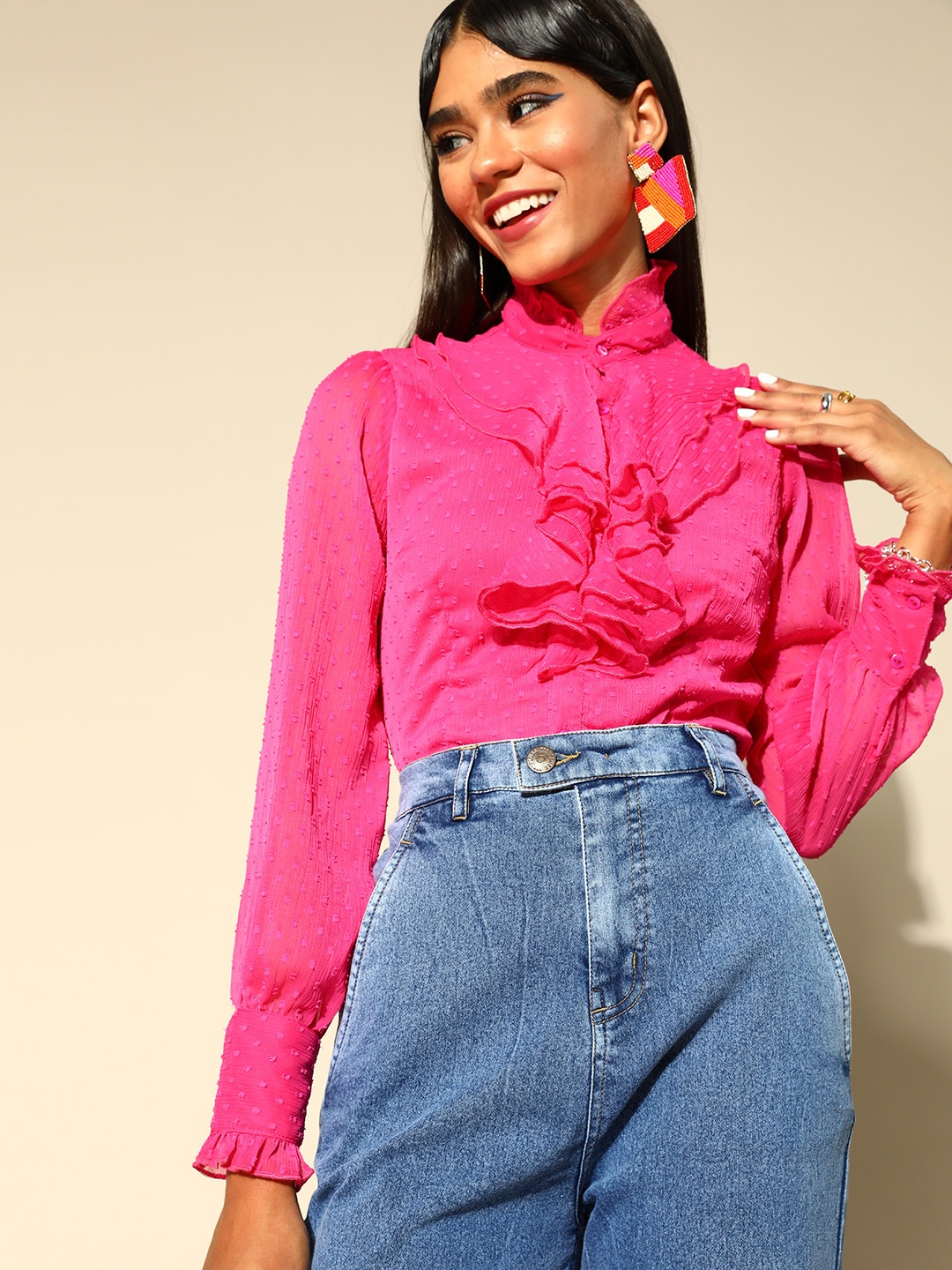

plusS Women Pretty Pink Self-Design Volume Play Top