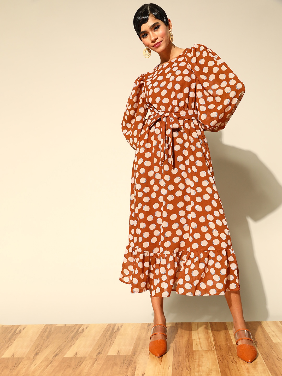 

plusS Women Attractive Rust Geometric Volume Play Dress