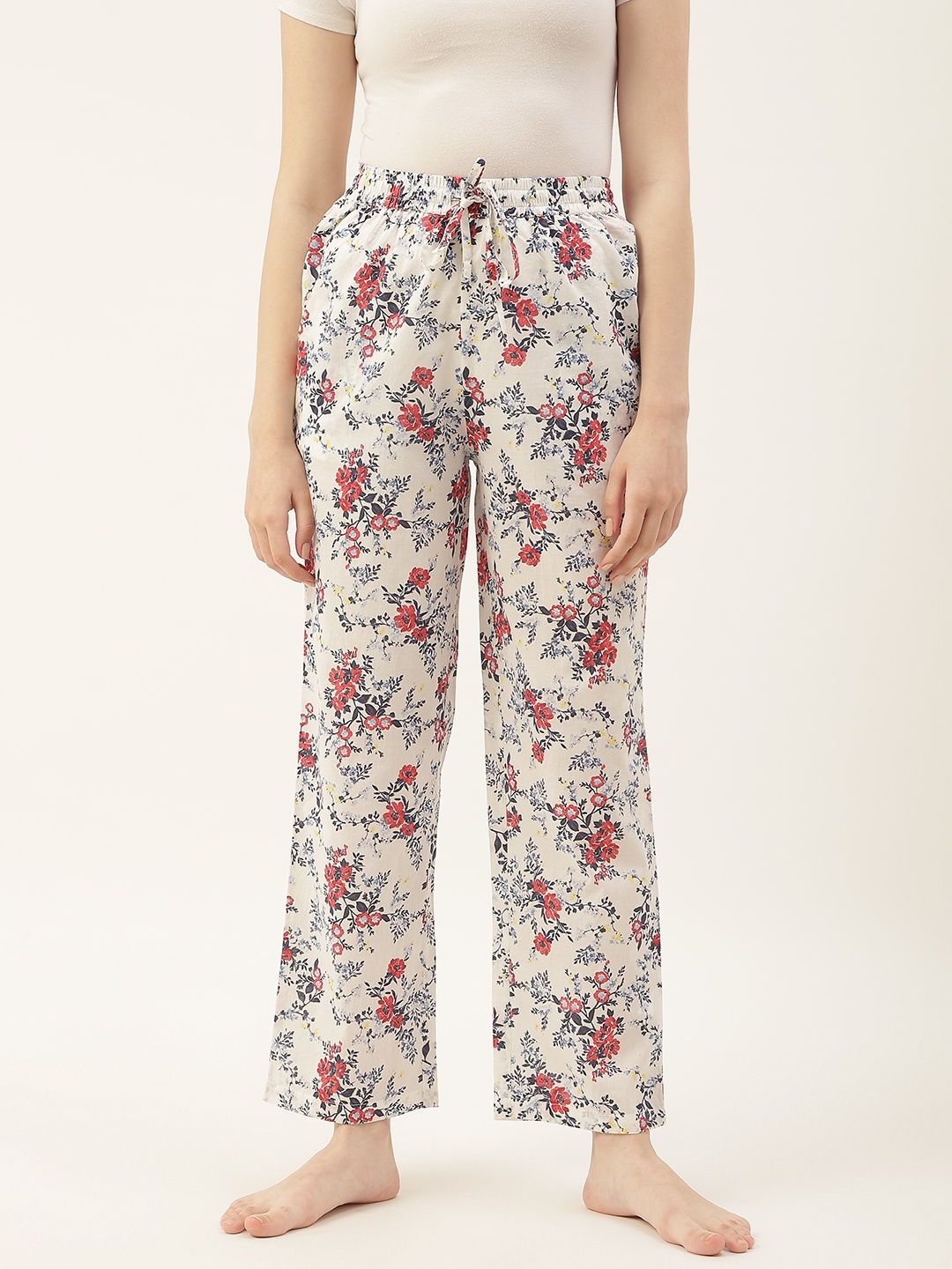 

Not Just Pyjamas Women White Floral Printed Cotton Lounge Pants