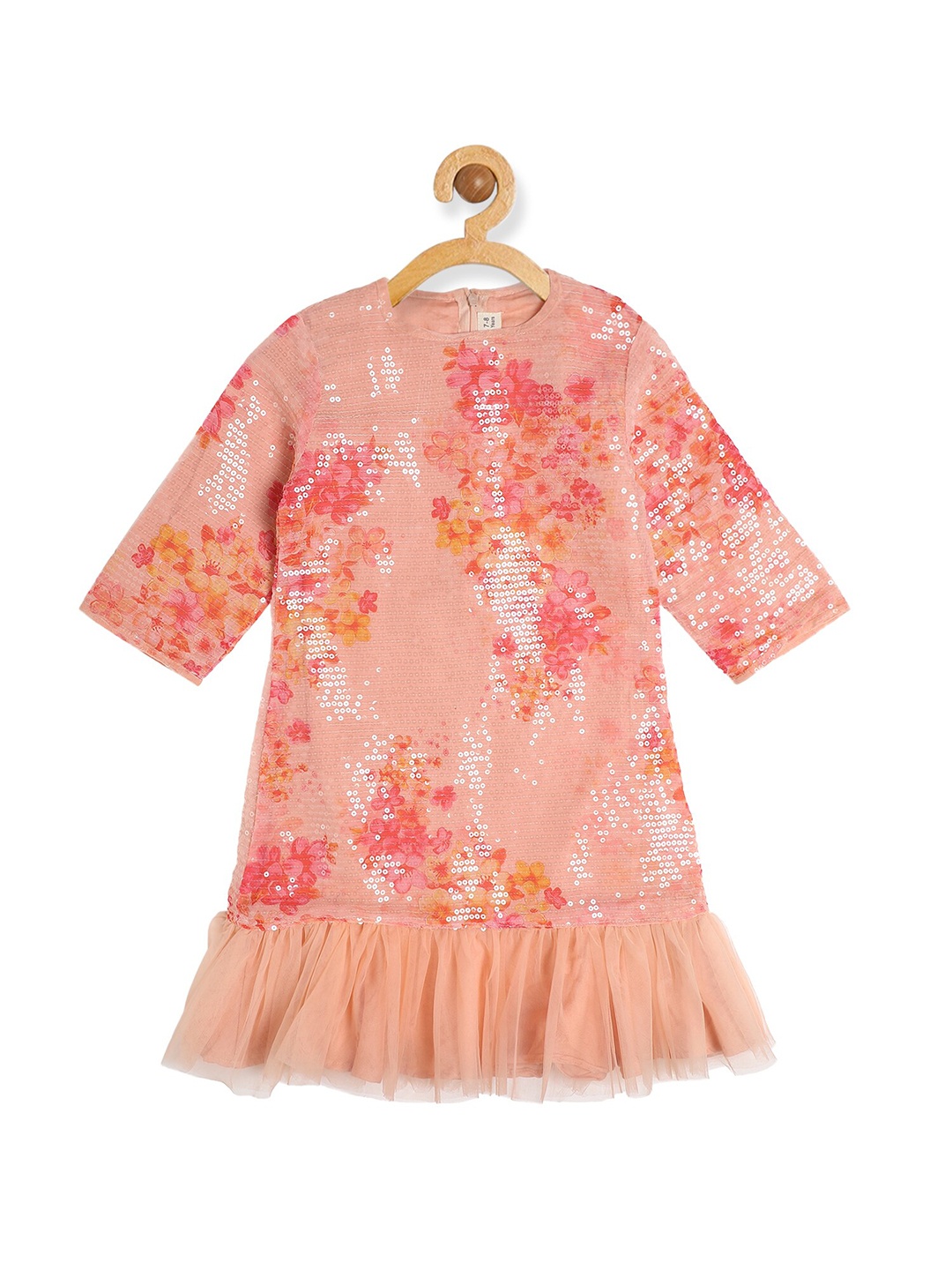 

PICCOLO Peach-Coloured Floral Embellished A-Line Dress