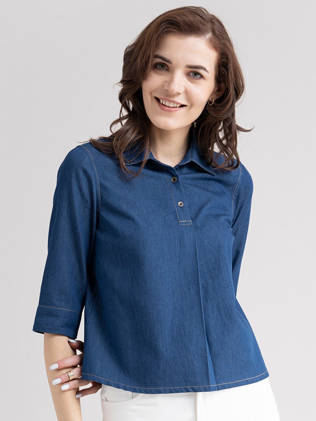 

FableStreet Women Blue Denim Shirt Style Top, Navy blue