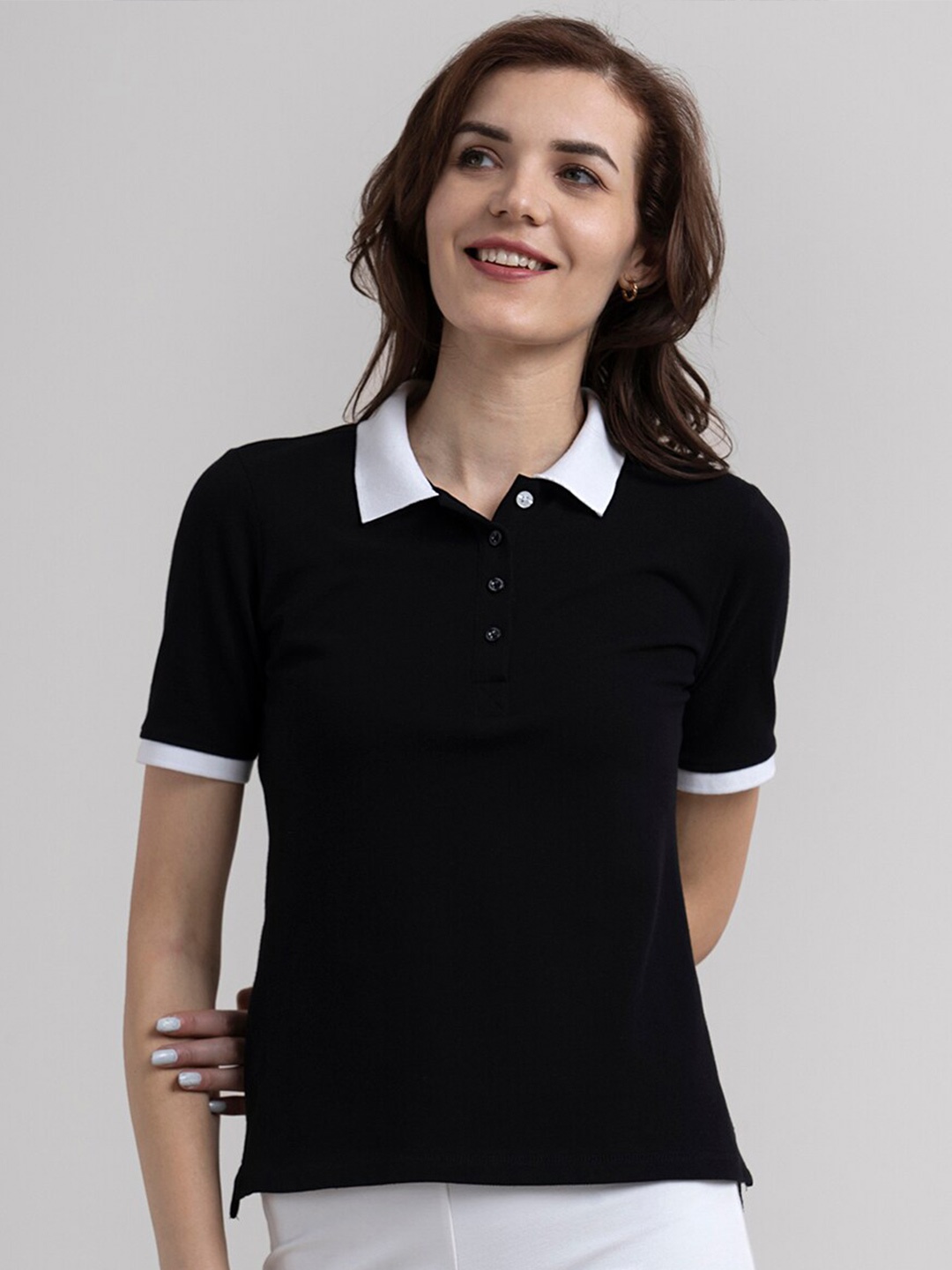 

FableStreet Women Black & White Polo Collar Cotton T-shirt