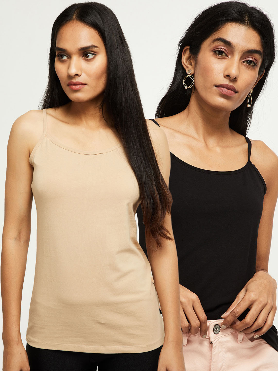 

max Women Pack Of 2 Cream & Black Solid Pure Cotton Camisoles