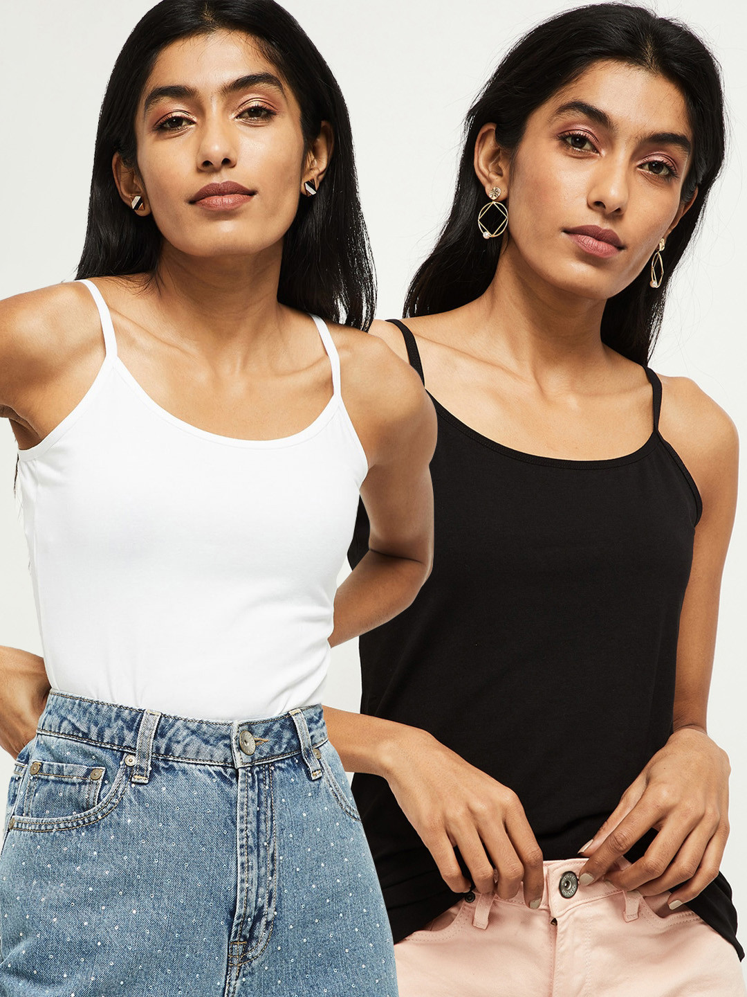 

max Women Pack of 2 White & Black Printed Shoulder Strap Regular Tops