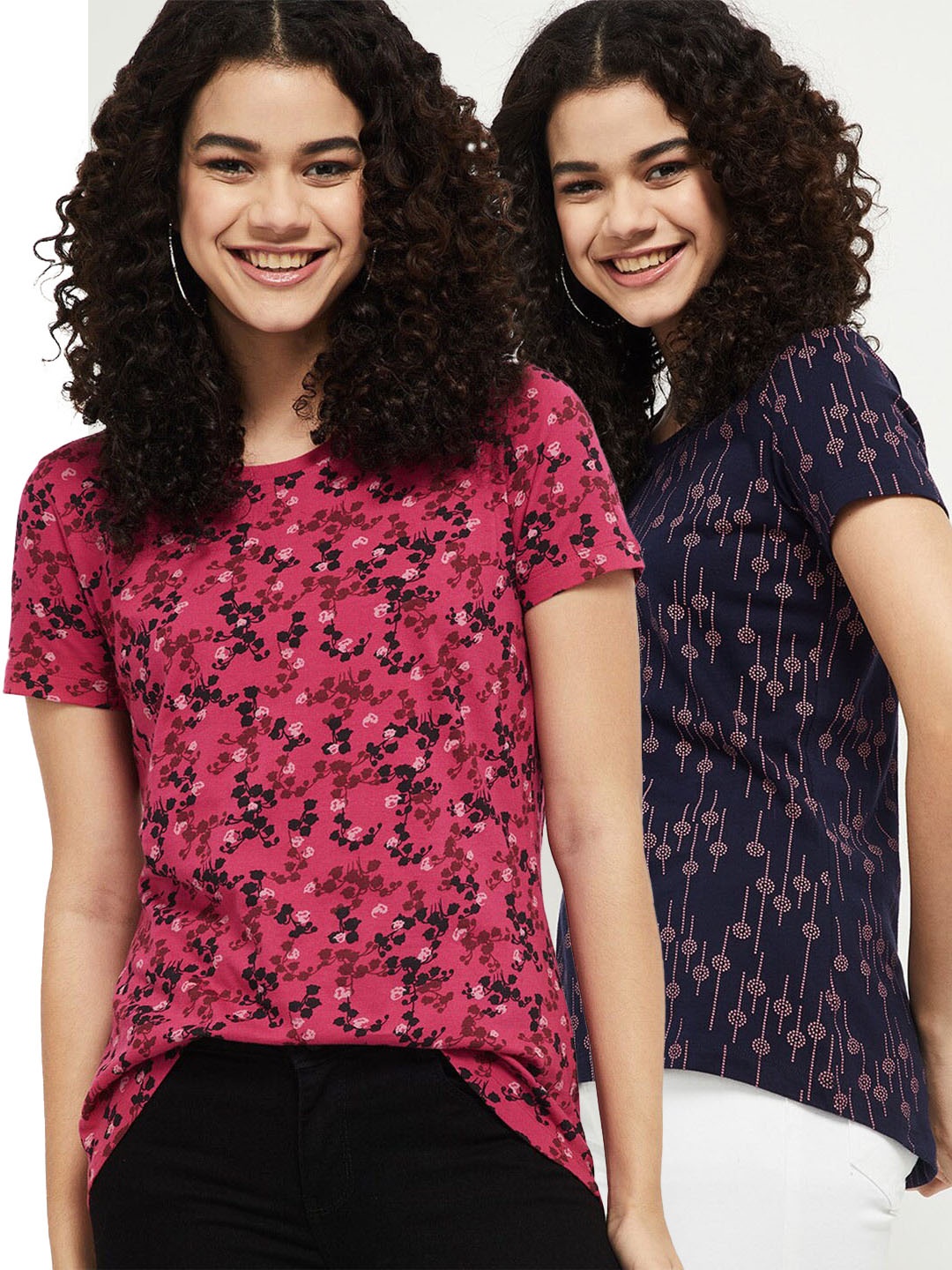 

max Women Fuchsia Pink & Navy Blue 2 Printed Cotton T-shirts