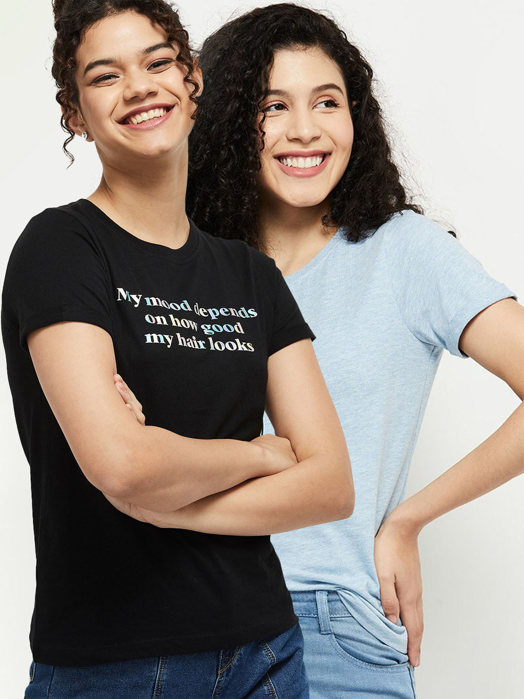 

max Women Pack Of 2 Blue & Black Printed T-shirts