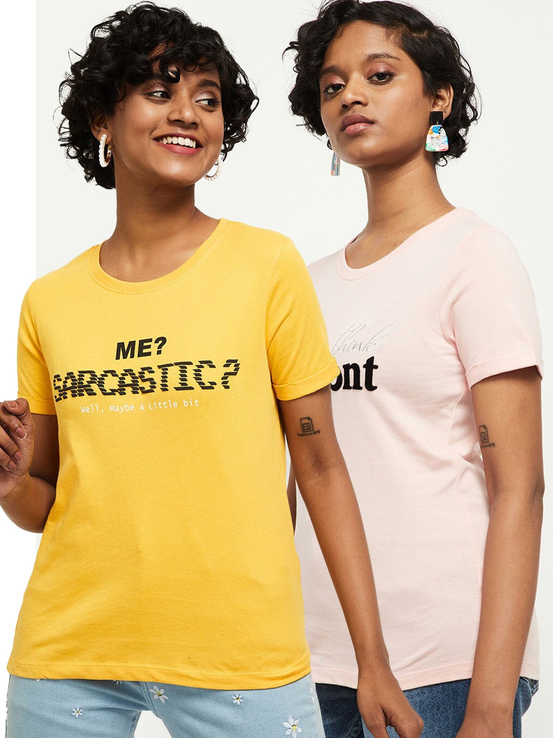 

max Women Pack of 2 Yellow & Peach-Coloured Printed Cotton Round Neck T-shirts