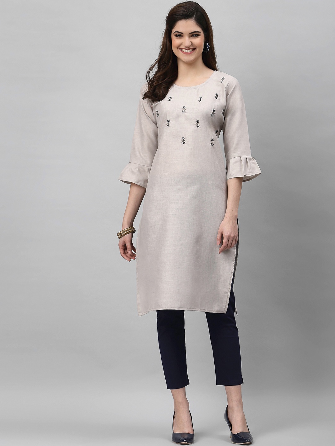 

SANISA Women Grey Embroidered Flared Sleeves Kurta