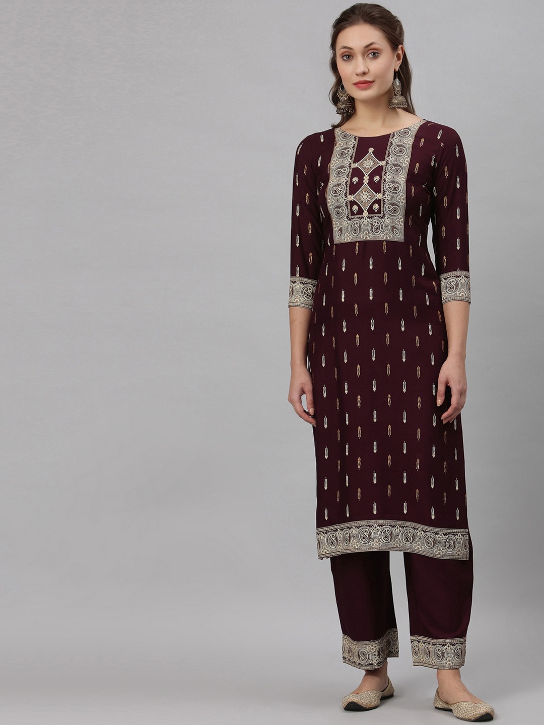 

SANISA Women Brown Ethnic Motifs Embroidered High Slit Kurti with Trousers