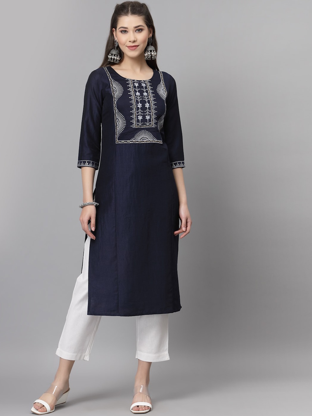 

SANISA Women Navy Blue Ethnic Motifs Embroidered Kurta