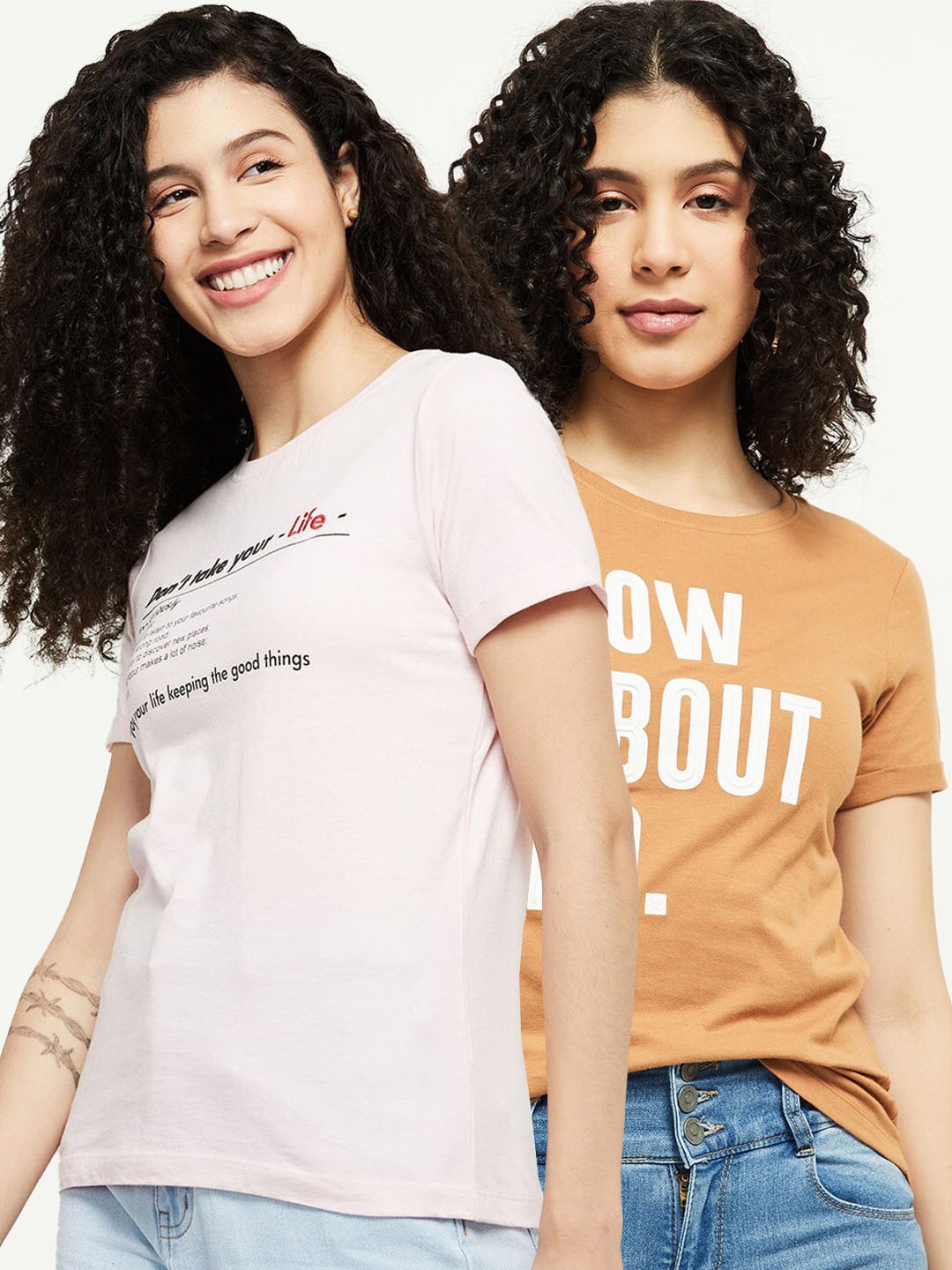 

max Women Set of 2 Brown & Pink Printed T-shirt