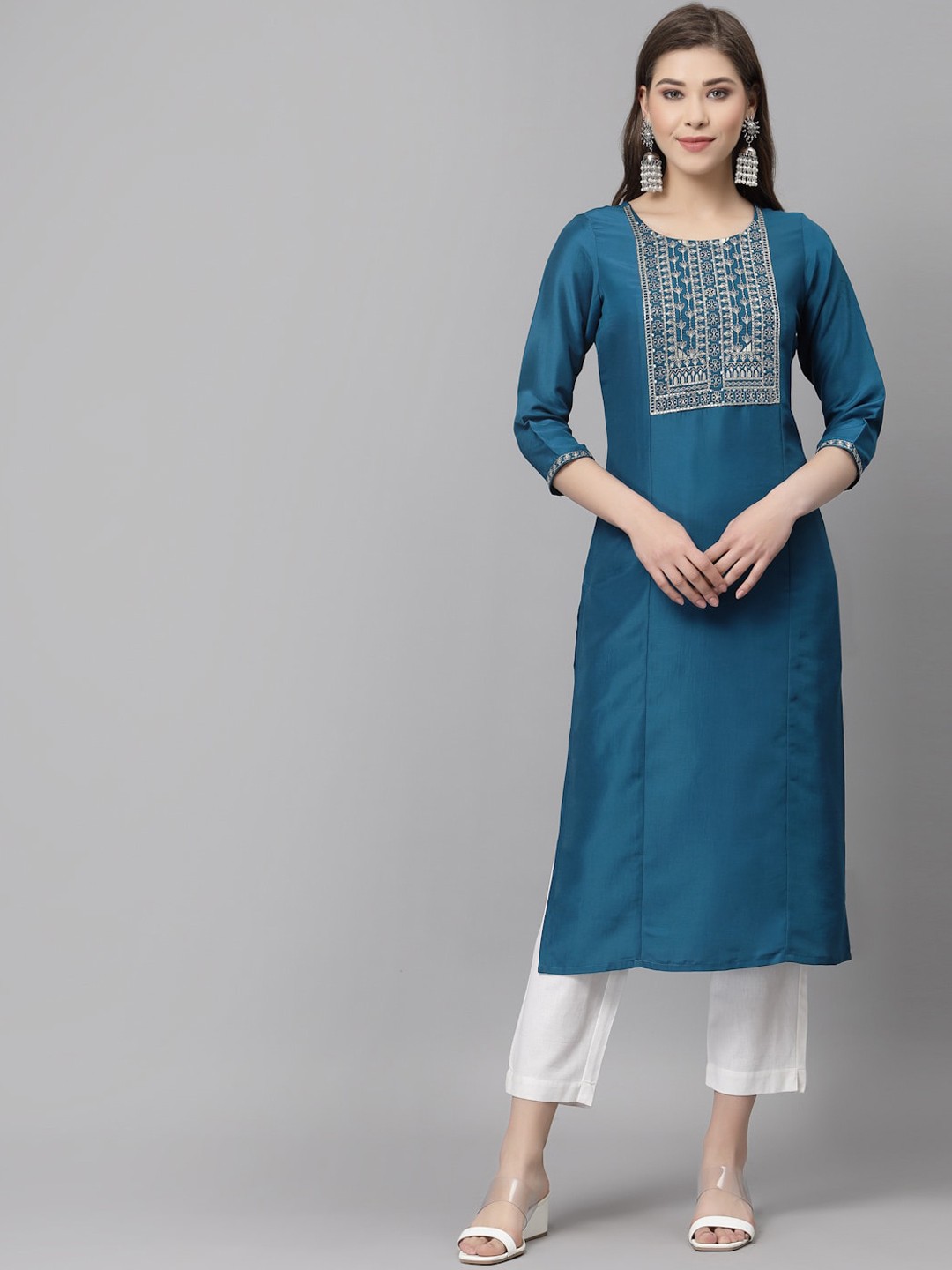 

SANISA Women Teal Geometric Embroidered Thread Work Kurta