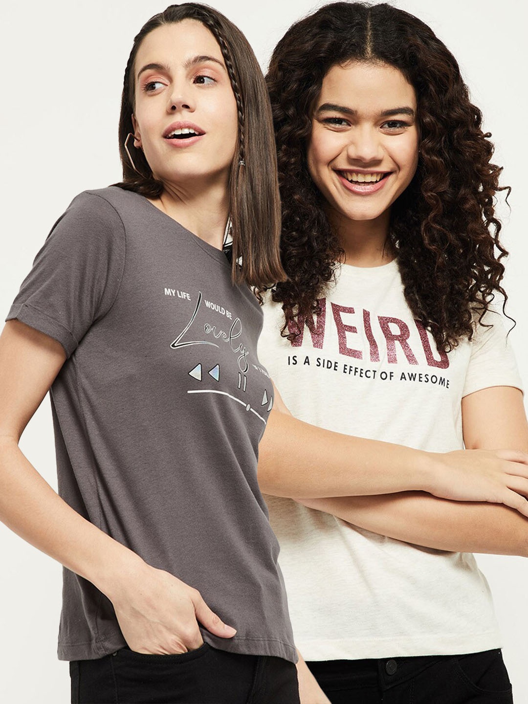 

max Women Set of 2 Grey & White Typography Printed Slim Fit T-shirt