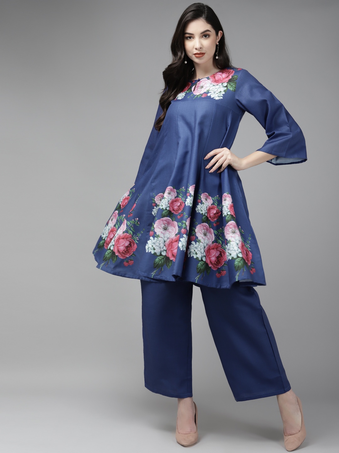 

Bhama Couture Women Blue & Pink Floral Print Anarkali Kurta with Solid Palazzos, Navy blue