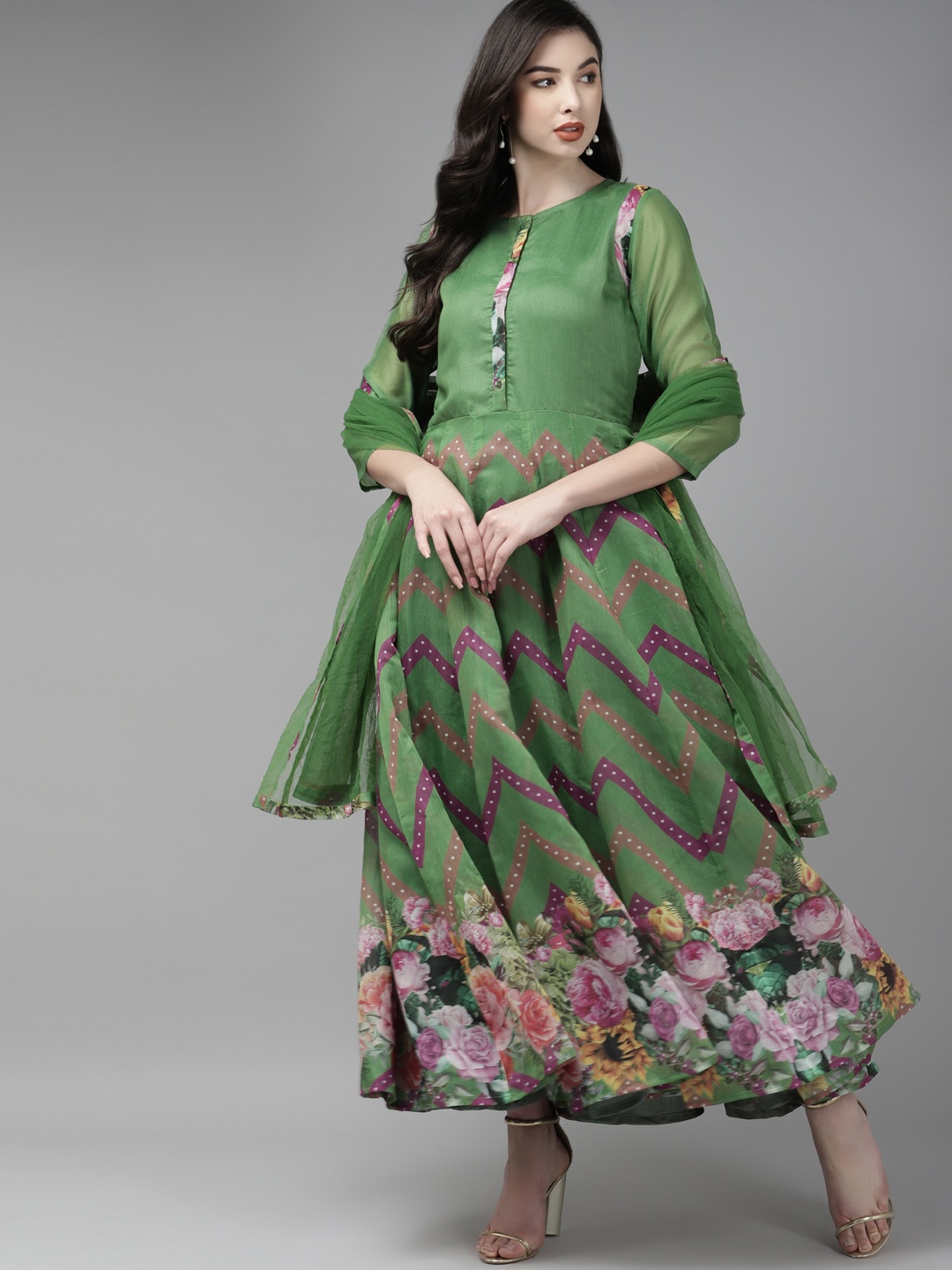 

Bhama Couture Women Green Floral Printed Chanderi Silk Anarkali Kurta with Dupatta