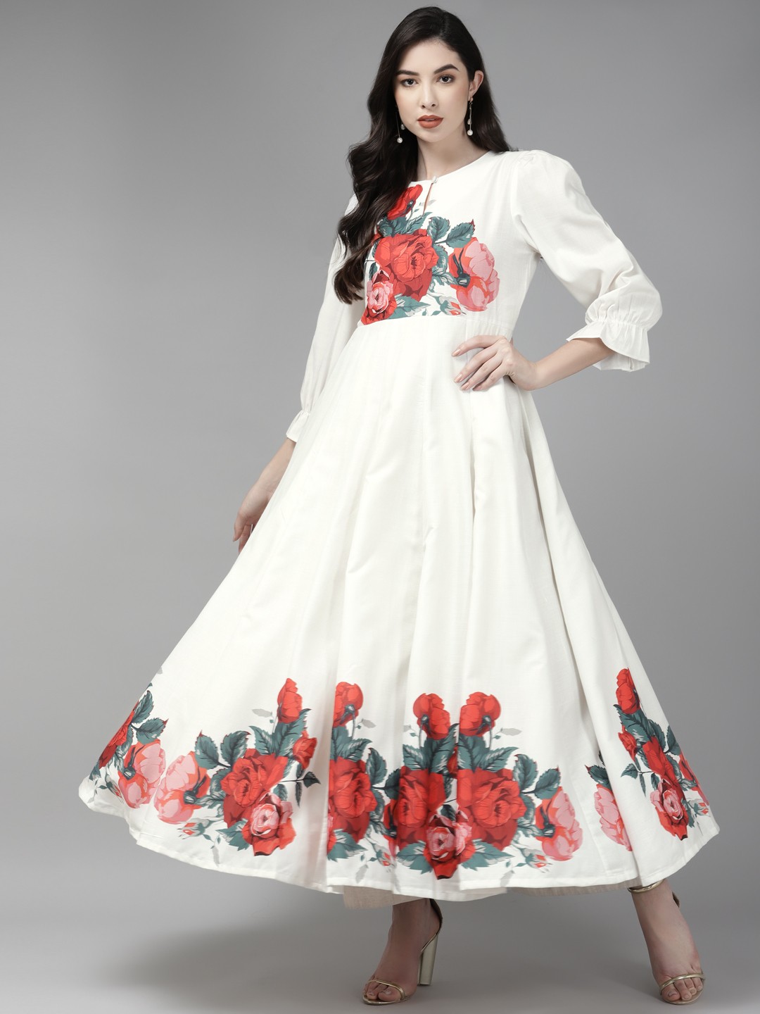 

Bhama Couture Women White & Red Floral Printed Floral Anarkali Kurta