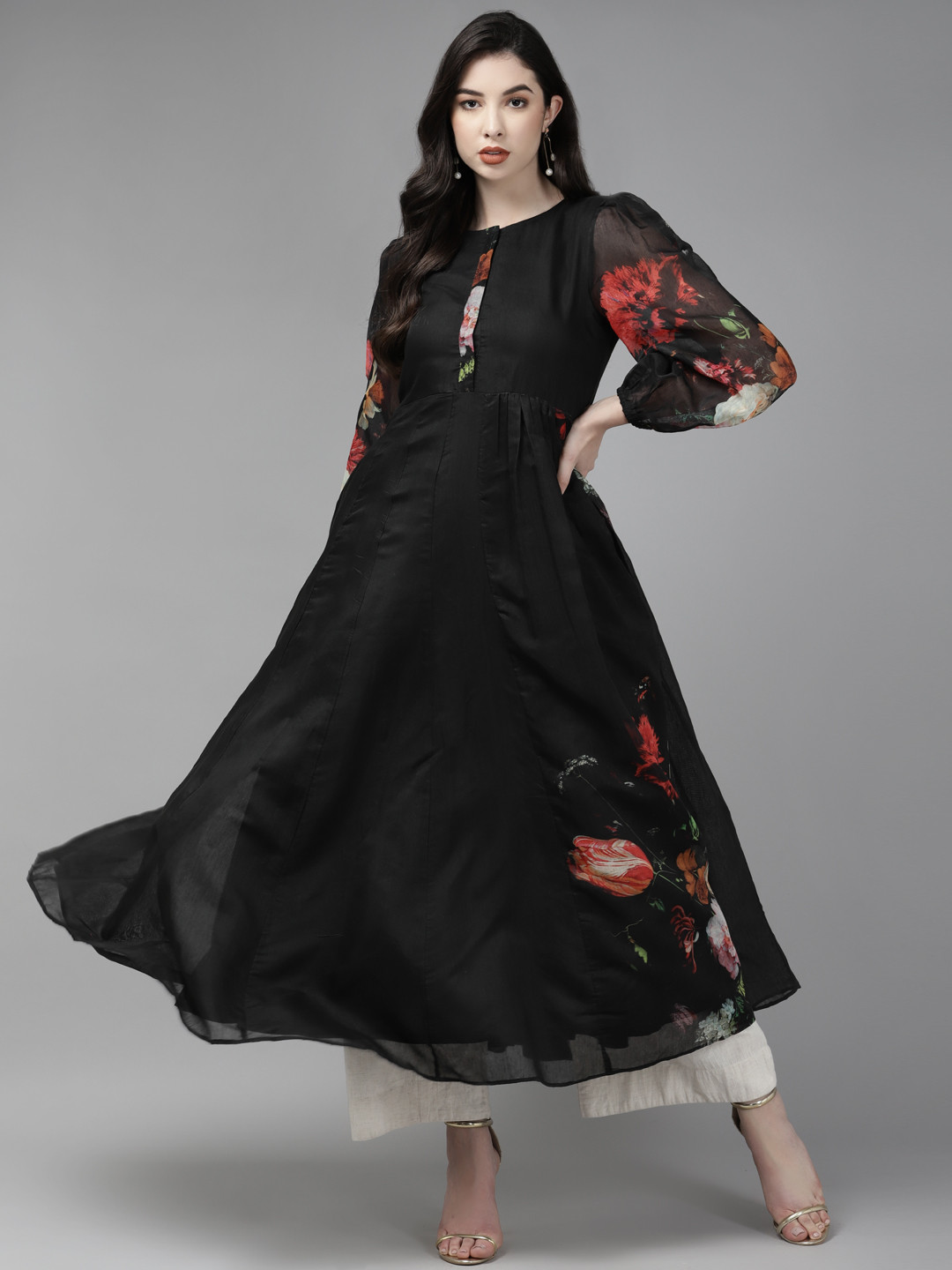 

Bhama Couture Women Black & Red Floral Printed Chanderi Silk Anarkali Kurta