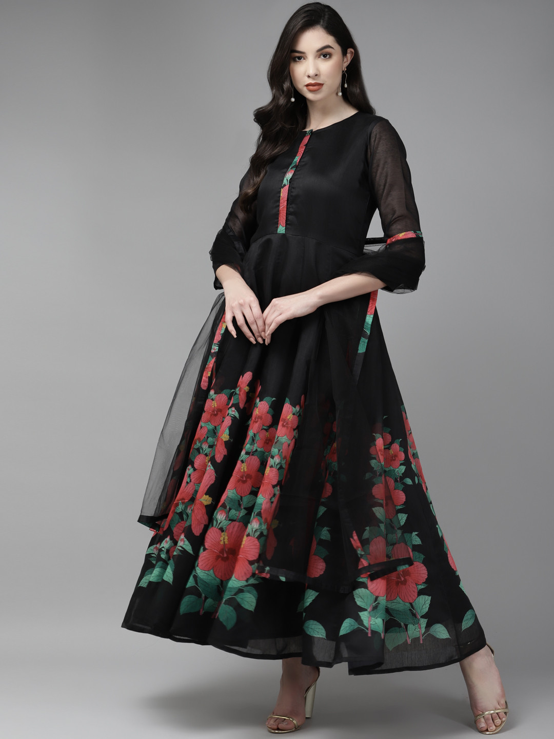

Bhama Couture Women Black & Pink Floral Printed Chanderi Silk Anarkali Kurta with Dupatta
