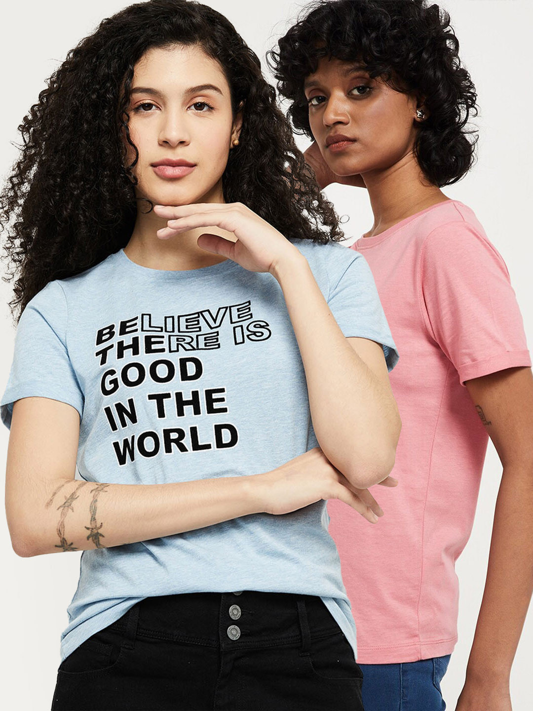 

max Women Set of 2 Printed Cotton Regular Fit Tshirts, Blue