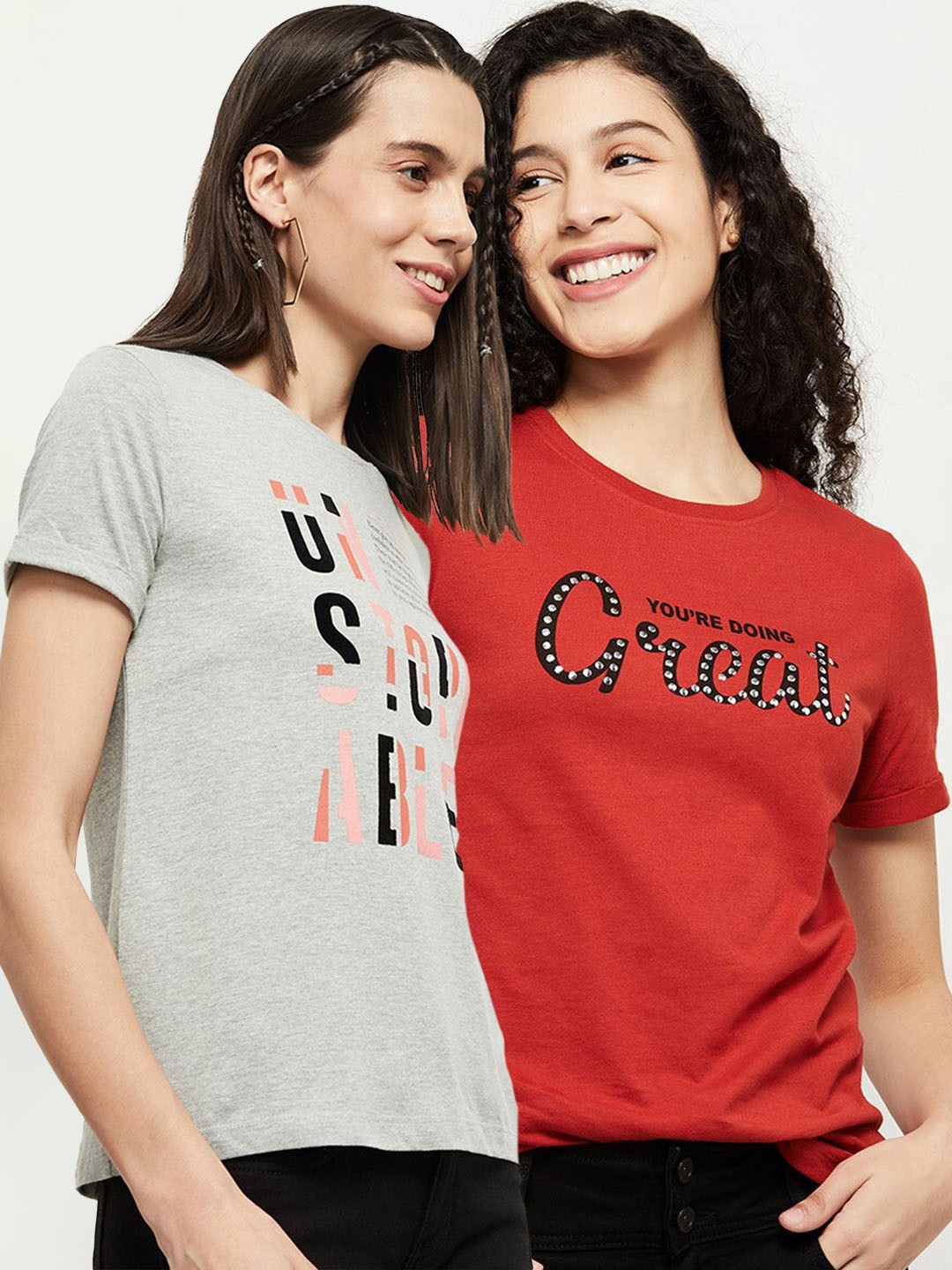 

max Women Pack Of 2 Grey & Red Printed T-shirts