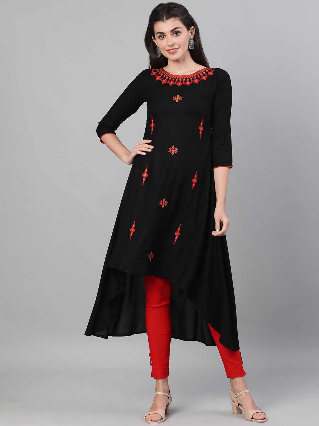 

GULMOHAR JAIPUR Women Black Ethnic Motifs Embroidered Thread Work Kurta