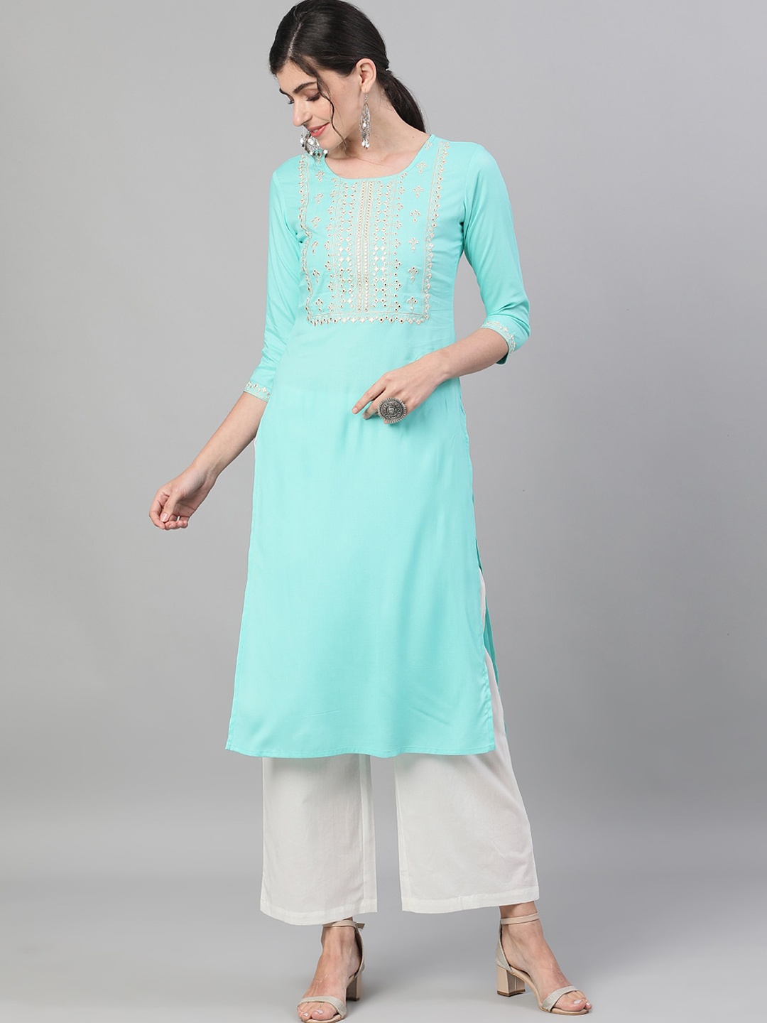 

GULMOHAR JAIPUR Women Sea Green Embroidered Thread Work Kurta