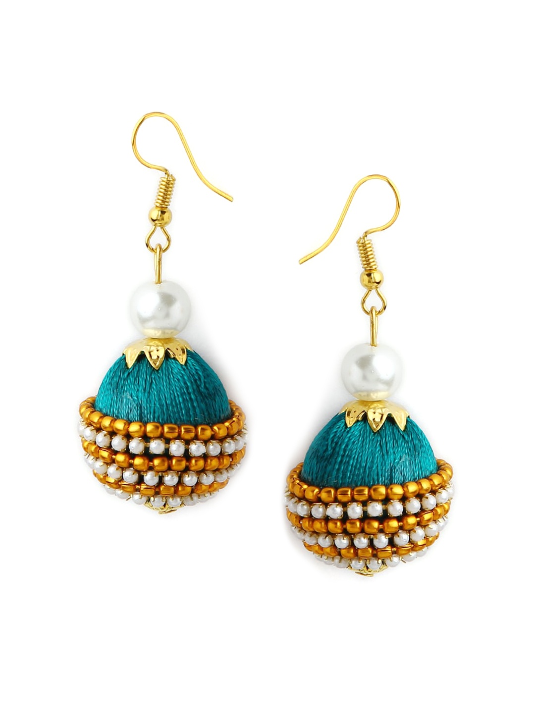 

AKSHARA Green & Gold-Toned Dome Shaped Beaded Drop Earrings