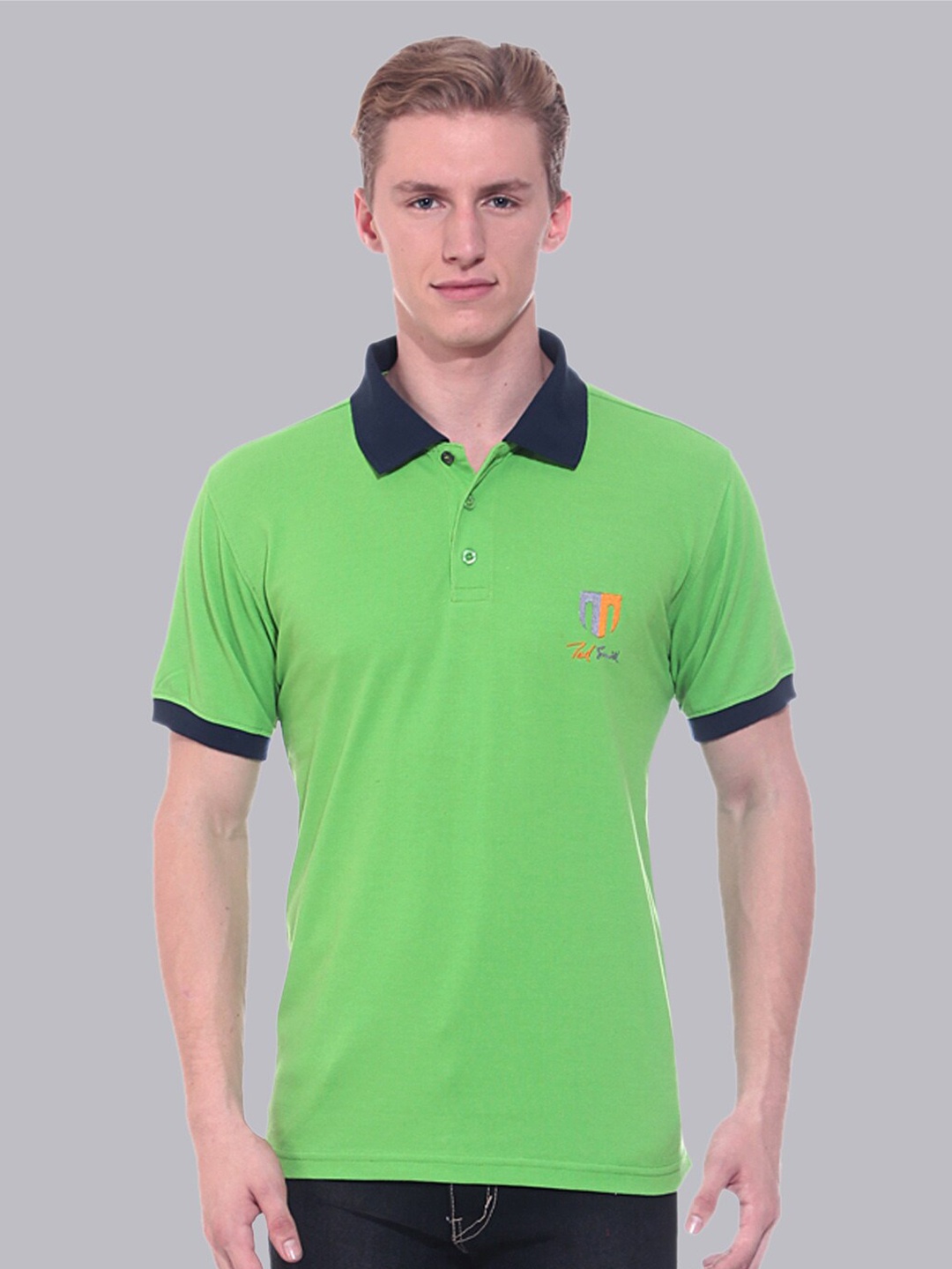 

Ted Smith Men Green & Navy Blue Polo Collar T-shirt