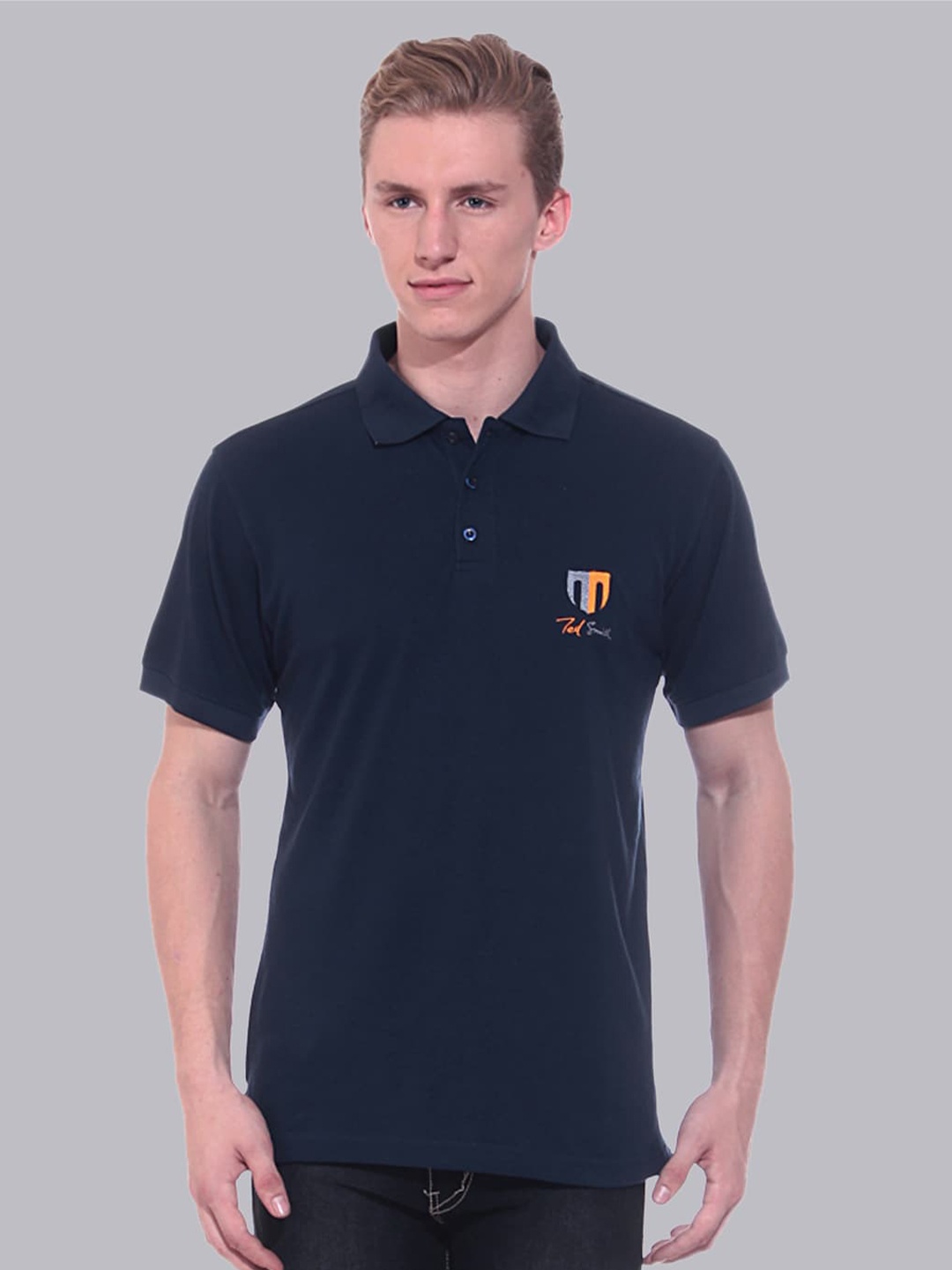 

Ted Smith Men Navy Blue Brand Logo Regular Fit Polo Collar Cotton T-shirt