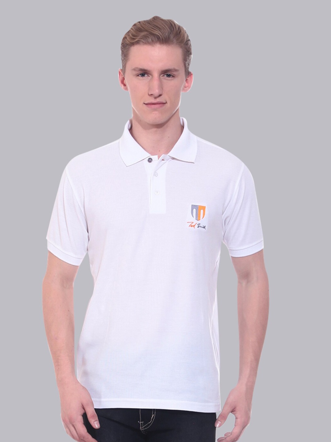 

Ted Smith Men White Brand Logo Regular Fit Polo Collar Cotton T-shirt