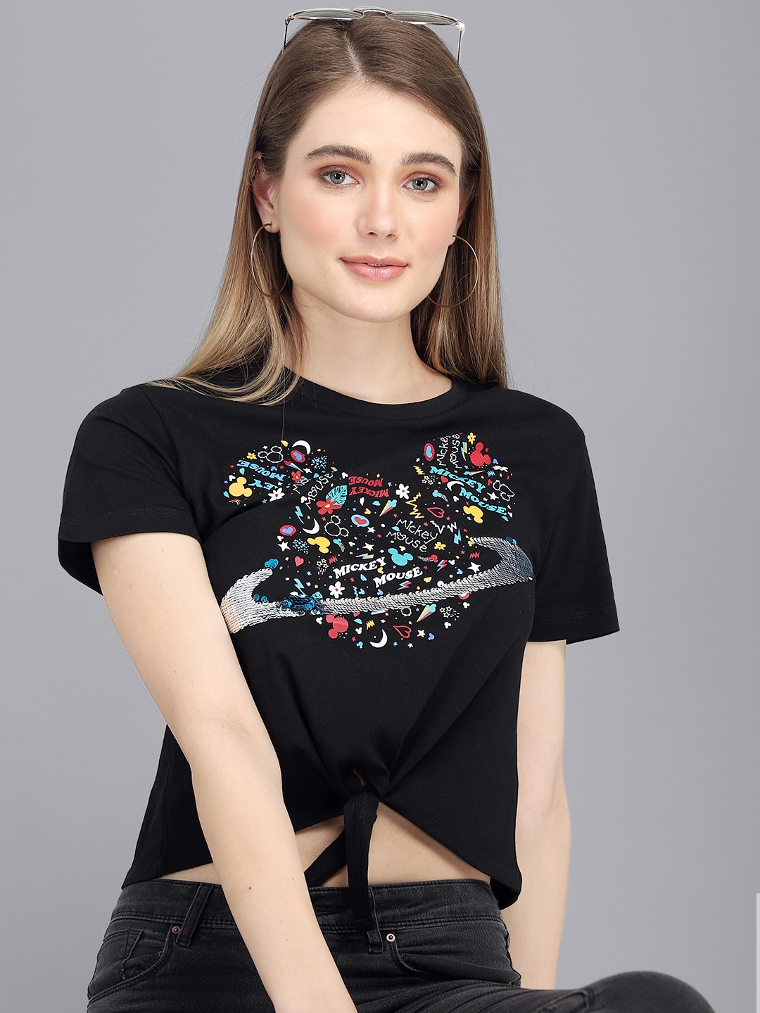 

Free Authority Women Black Mickey & Friends Printed Cotton Loose T-shirt