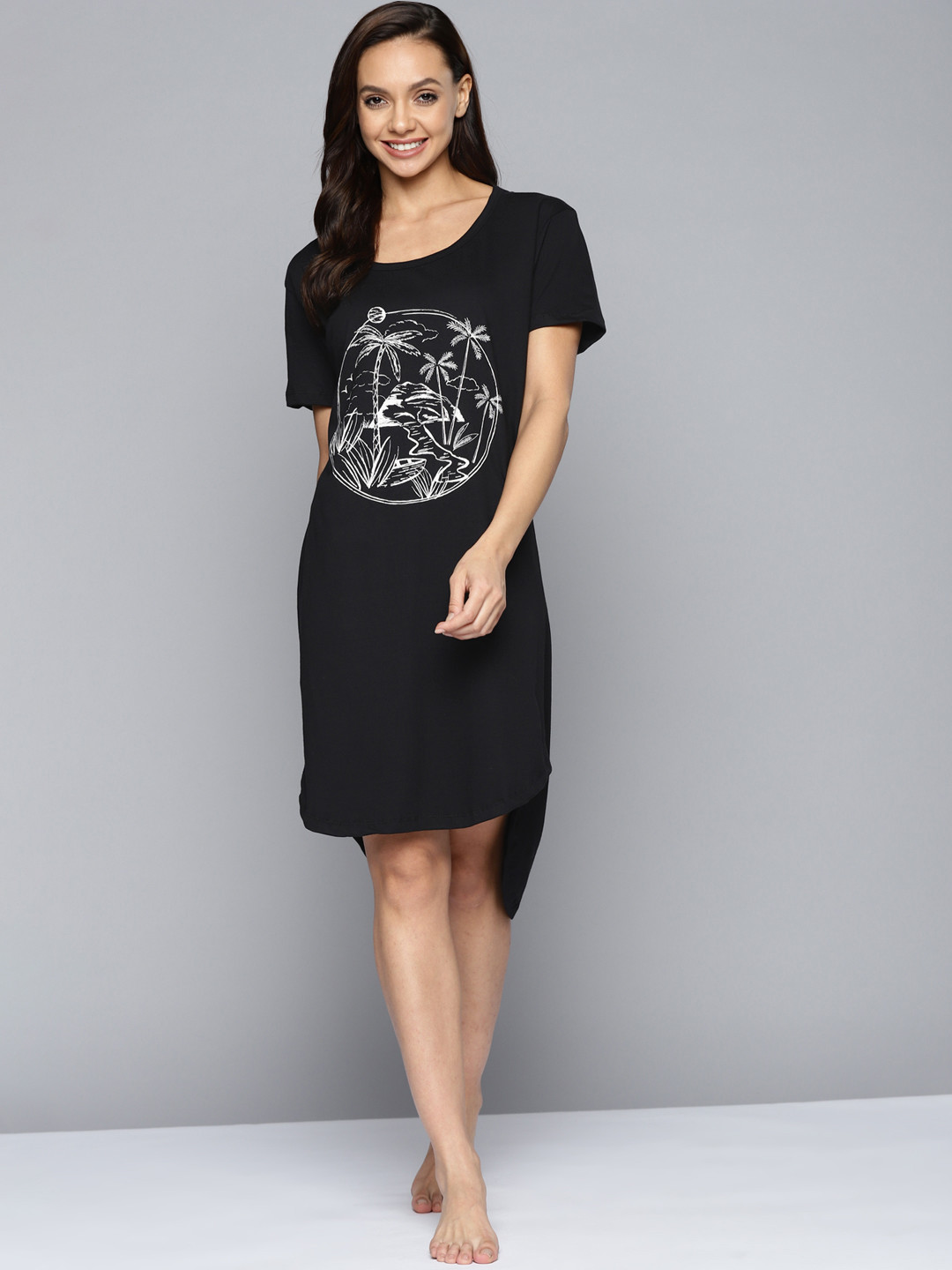 

HERE&NOW Women Black Printed Pure Cotton Nightdress