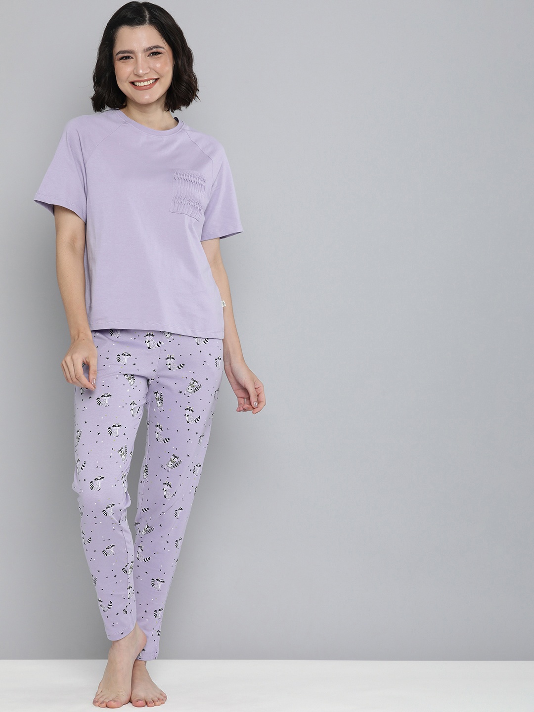 

HERE&NOW Women Lilac Conversational Printed Mid Rise Pure Cotton Casual Lounge Pants, Lavender