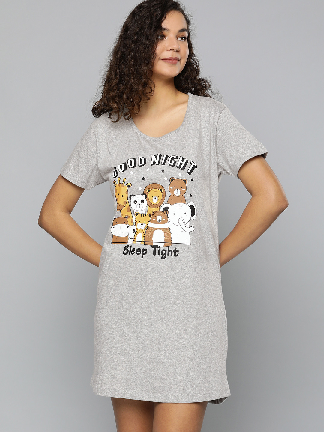 

HERE&NOW Grey Melange Graphic Printed Nightdress
