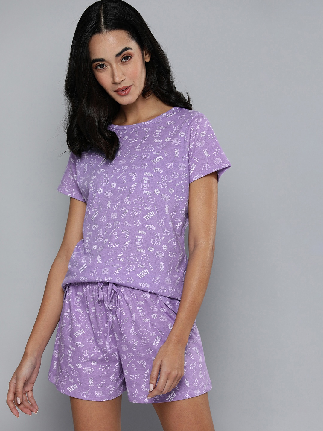 

HERE&NOW Women Purple Conversational Printed Casual Night suit