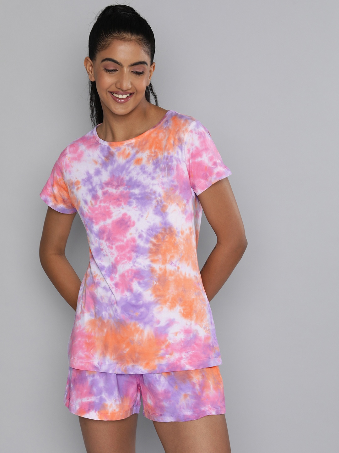 

HERE&NOW Women Magenta & Yellow Tie And Dye Printed Night suit