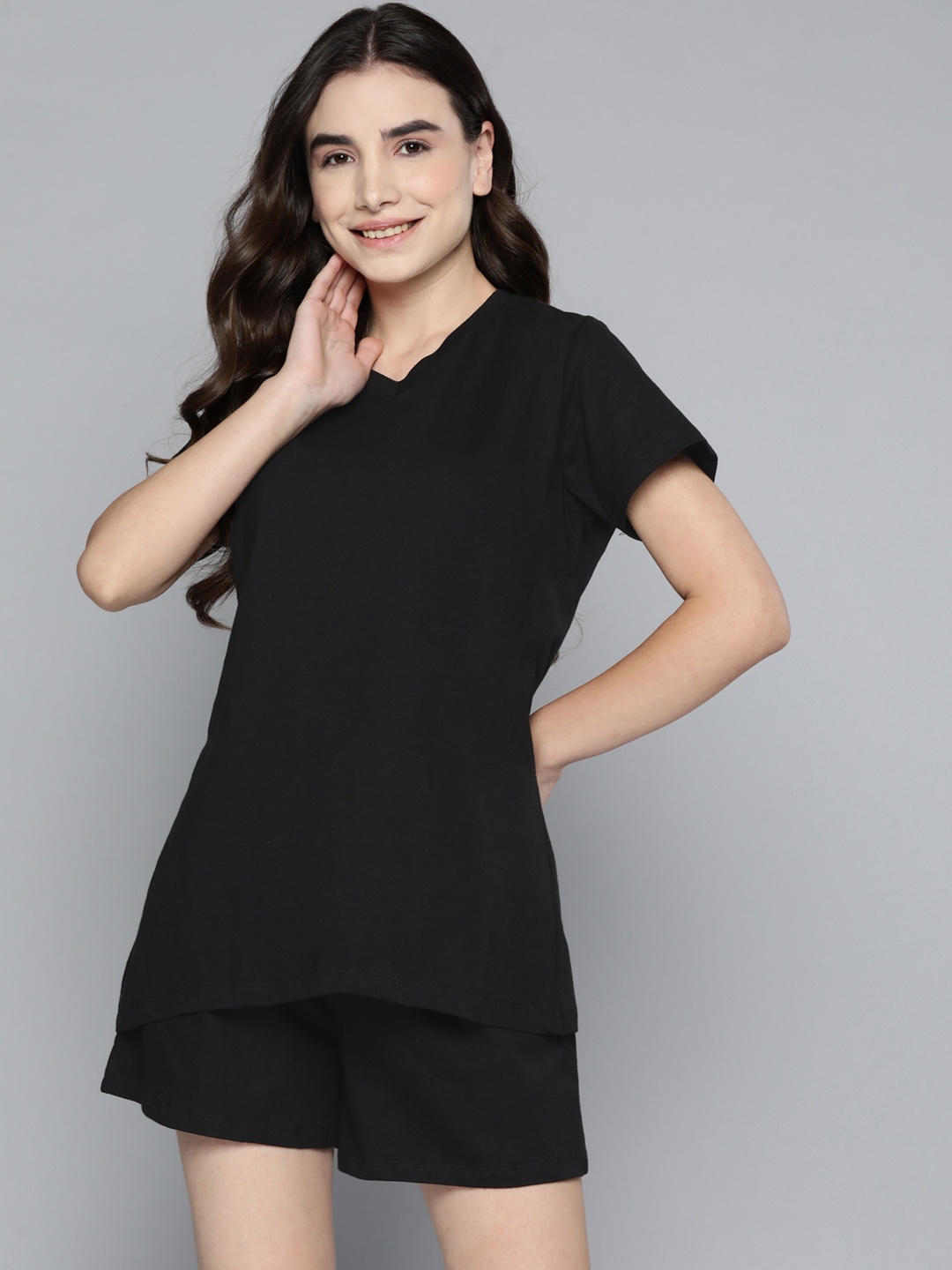 

HERE&NOW Women Black Solid Pure Cotton Night suit