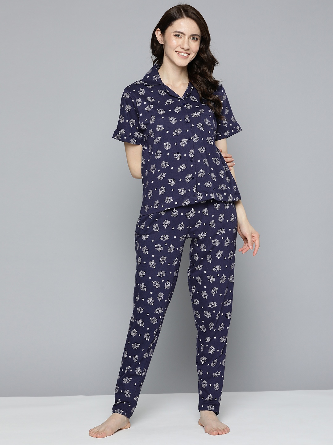 

HERE&NOW Women Navy Blue & White Printed Pure Cotton Night suit