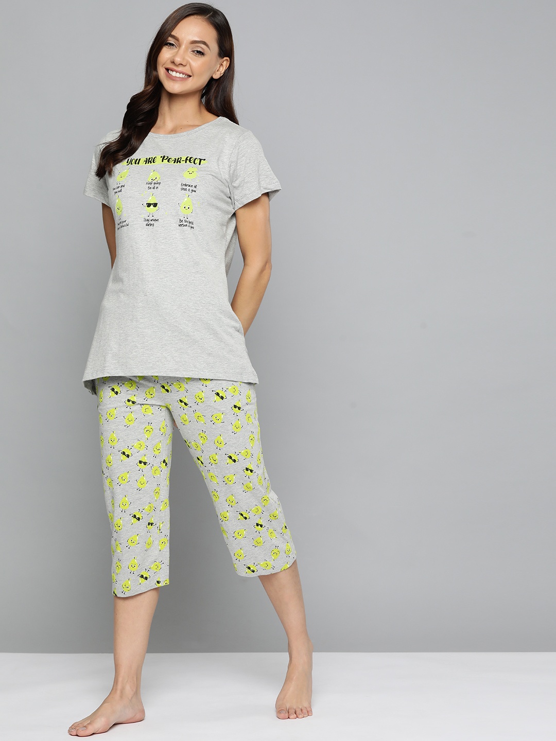 

HERE&NOW Women Grey Melange & Lime Green Printed Night suit